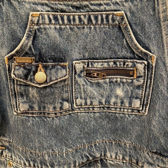 SUPERDRY Blue Frayed Hem Lace Trim Jean Short Overalls Size 4 - Picture 3 of 9